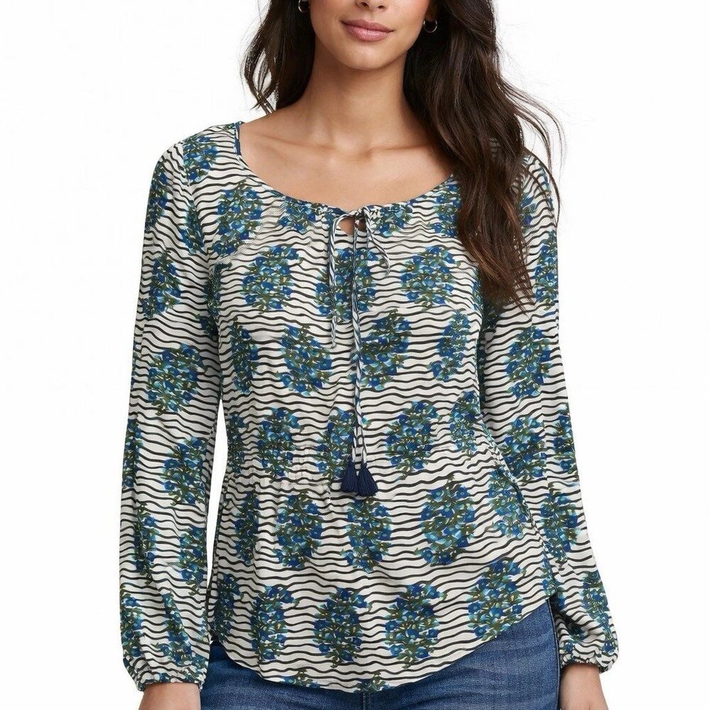 Tory Burch Evelina Blue Green Floral Cotton Tie Neck‎ Blouse Shirt Top Size 2